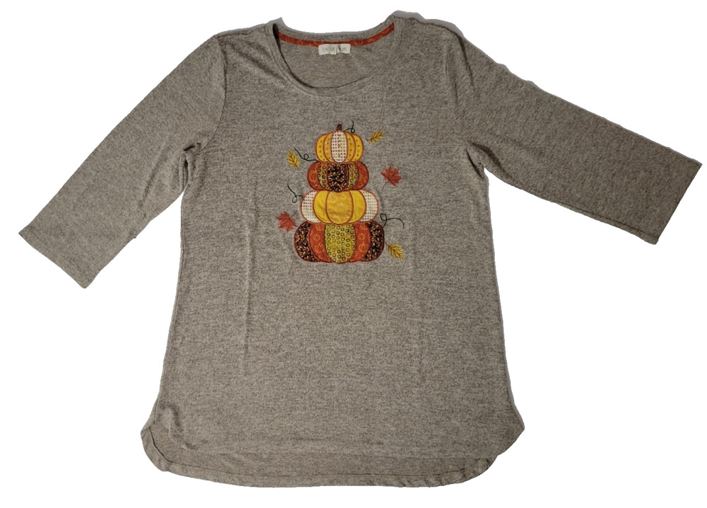 Cactus + Pearl Women's L Gray Stacked Pumpkin 3/4 Sleeve Tunic Top Thanksgiving